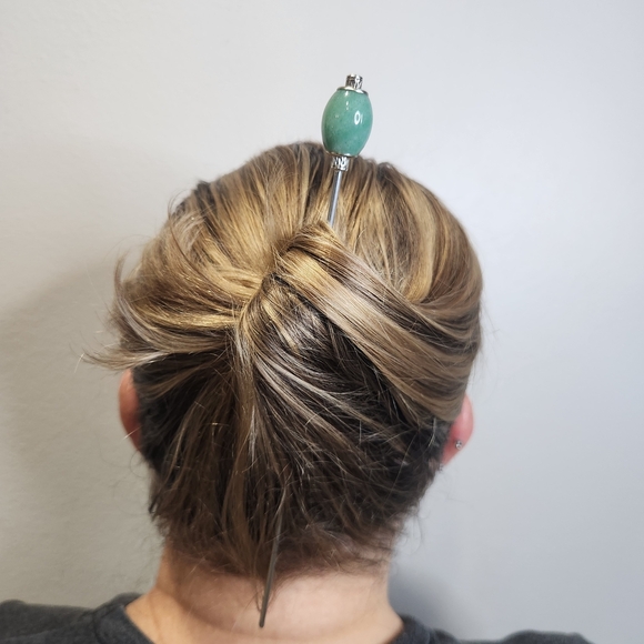 Jumbo Green Agate Natural Gemstone Crown Oval Stainless Steel Hair Stick - Picture 4 of 6